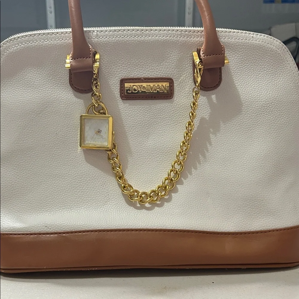Joy & Iman White and Tan Satchel with Gold Chain